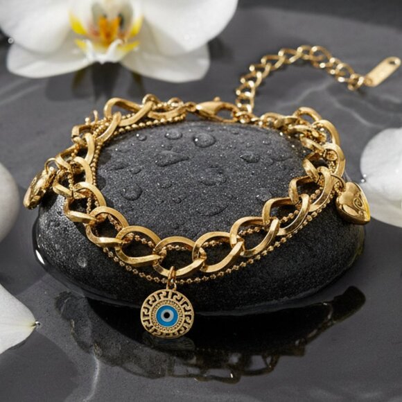 🆕️ Double Chain 18K Gold Plated Stainless Steel Bracelet with Heart Evil Eye - Picture 3 of 11